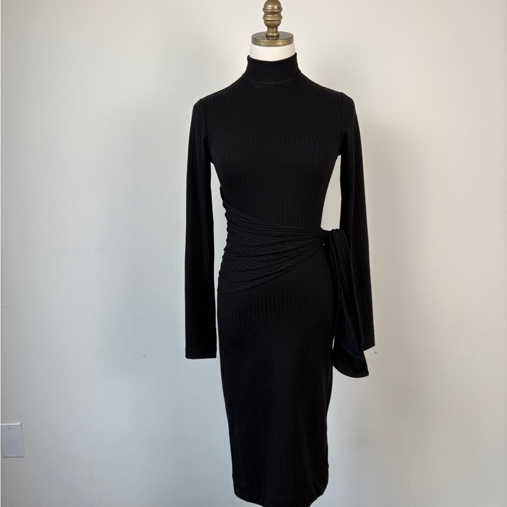 Long Sleeve Black Ribbed Tie-Waist Midi Dress